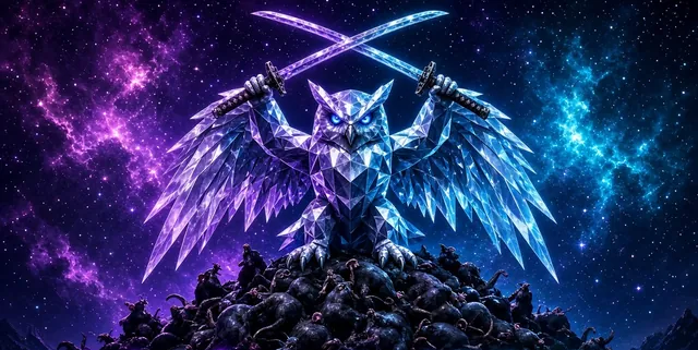 The crystal owl with two katanas, standing on the rats of ignorance