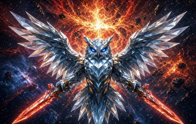 The silver crystal owl, wings spread, holding two red blades