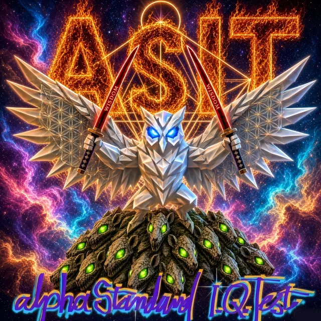 Poster: the crystal owl with two WISDOM katanas on a pile of rats, ASIT in flames