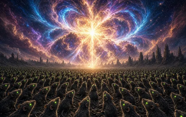 A field of green-eyed rats facing a cosmic explosion