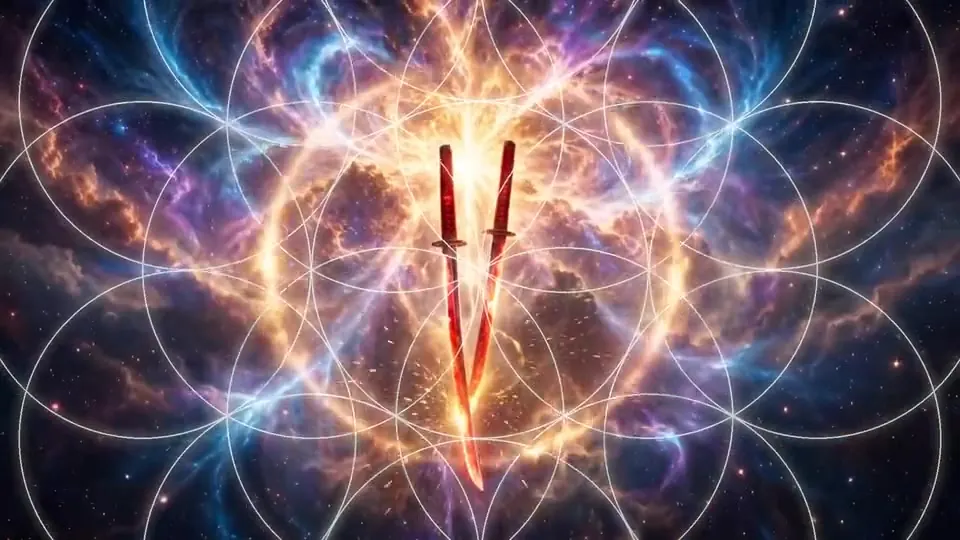 Two blades locked in an X, light bleeding off the edges